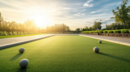 A tranquil outdoor bocce ball court with a smooth surface and neatly placed balls, surrounded by manicured lawns and a bright sky, late morning light creating a serene atmosphere