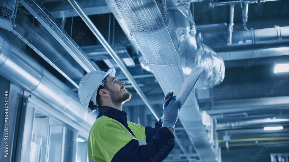 Aufkleber a detailed image of an engineer inspecting the installation of hvac ductwork in a newly constructed 