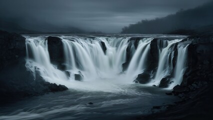 Obraz premium Serene waterfall flowing over rocky surface under a cloudy sky, tranquil atmosphere