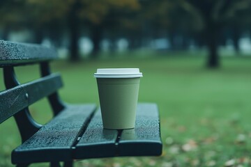 A Disposable Coffee Cup Resting on a Wet Park Bench