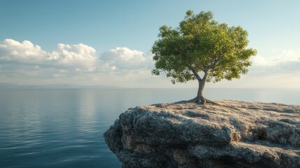 Solitary Tree on a Rocky Cliff Overlooking the Ocean