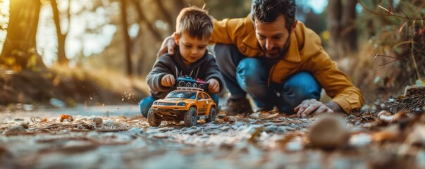 Happy dad and son in autumn park, kneeling on gravel, playing with a toy truck, enjoying outdoor family moments. Free copy space for text.
