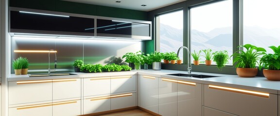 Fototapeta premium Futuristic Solarpunk Kitchen with Renewable Energy and Indoor Plants