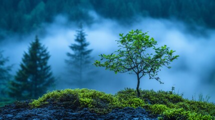 Obraz premium A Single Tree Emerges From a Foggy Forest Landscape