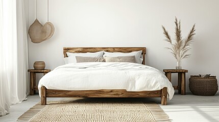 Cozy and Warm Rustic Bedroom with Wooden Furniture and Natural Decor