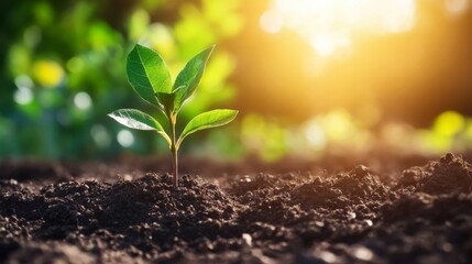 Fototapeta premium A Single Green Sprout Emerging from Rich Soil in Sunlight