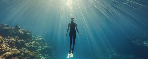 Fototapeta premium Female freediver gliding underwater surrounded by fish and coral, exploring ocean depths in sunlight. Free copy space for text.