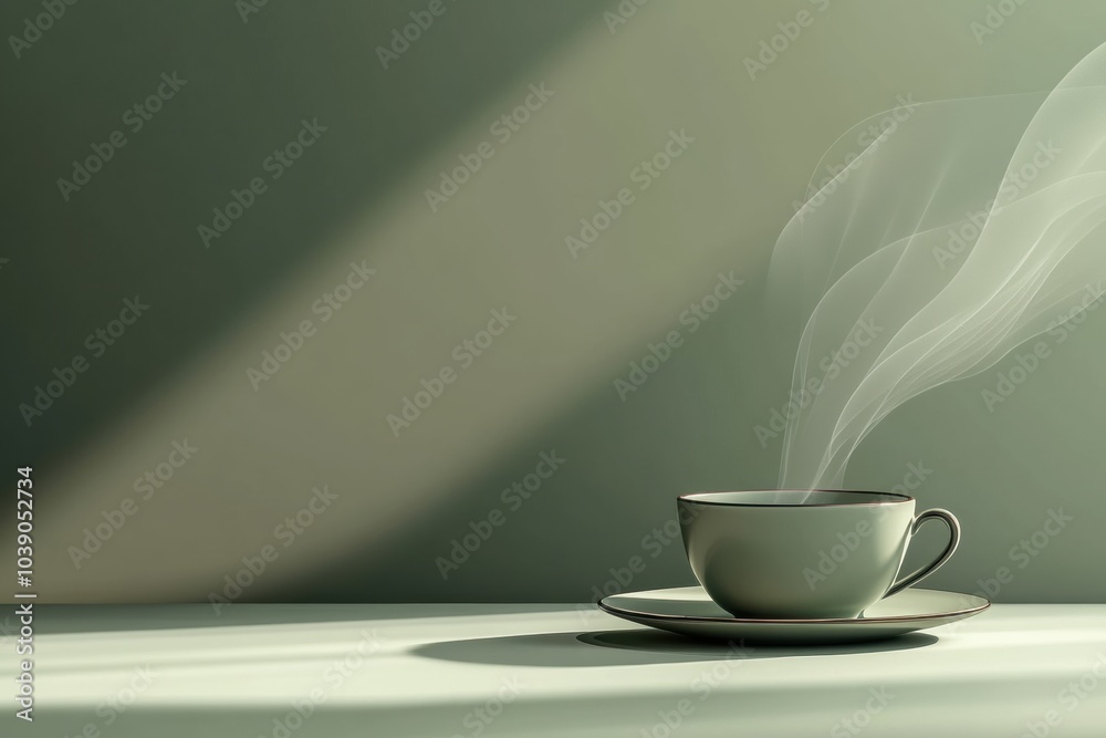 Aufkleber a delicate tea cup releases smooth steam, creating a serene atmosphere as daylight enhances the calm