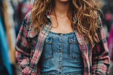 Close-up of a woman's denim overalls and plaid shirt