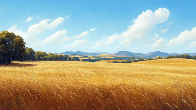 A rolling countryside with golden fields, a clear blue sky, and distant mountains on the horizon