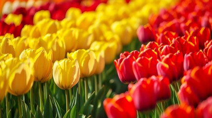 Close-up View of Vibrant Yellow and Red Tulips in a Garden