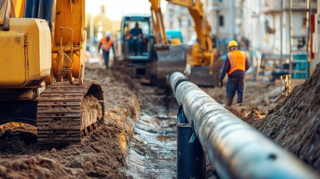 A detailed shot of construction workers operating heavy machinery to lay underground utility pipelines in an urban renewal project, Utility pipeline installation scene, Urban infrastructure style