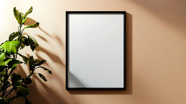 Poster frame mockup in room with peach wall for artwork placement