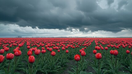 Fototapeta premium A Field of Red Tulips Under a Dramatic Cloudy Sky