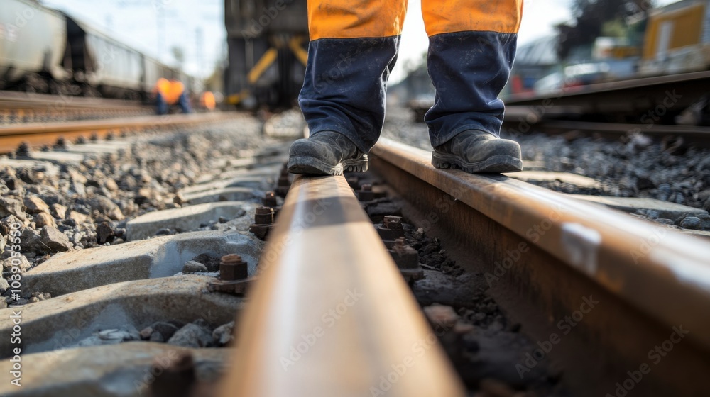 Poster a detailed view of a civil engineer inspecting the alignment of railway tracks on a railway construc
