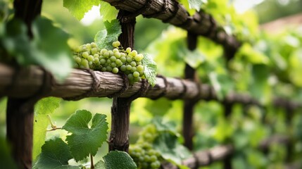 Green Grape Cluster on a Trellis with Green Leaves