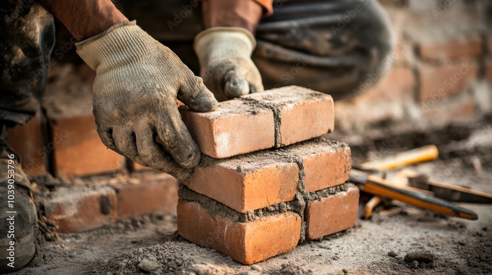 Poster a detailed view of a construction worker laying bricks, with a background of an unfinished wall and 