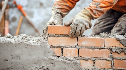 A detailed view of a construction worker laying bricks, with a background of an unfinished wall and tools, Construction site scene