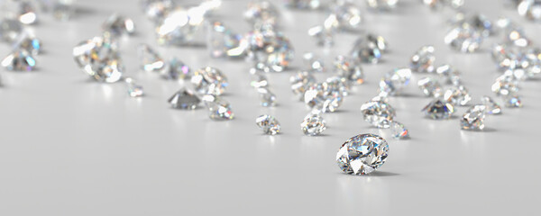 Diamonds group placed on glossy background 3d Rendering Soft Focus	