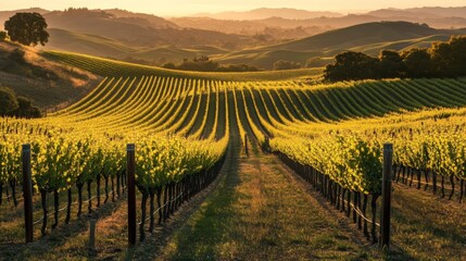 Fototapeta premium Vineyard Rows in Rolling Hills at Sunset