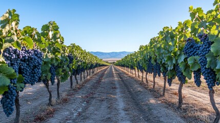 Naklejka premium Vineyard Rows with Ripe Grapes Under a Clear Blue Sky