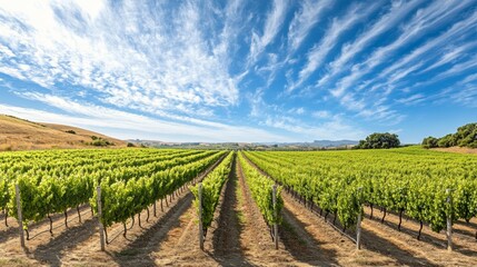 Fototapeta premium Lush Green Vineyard Rows Under a Blue Sky with White Wispy Clouds