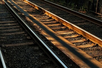 Naklejka premium Close-up of Train Tracks with Sunlight Shining on Wood and Gravel