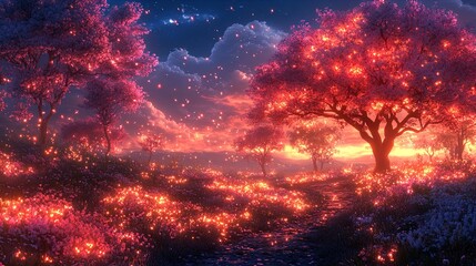 Fototapeta premium A captivating landscape at dusk featuring a serene pathway winding through a field of vibrant pink flowers illuminated by a soft, ethereal glow. Majestic trees, adorned with pink blossoms, are silhoue