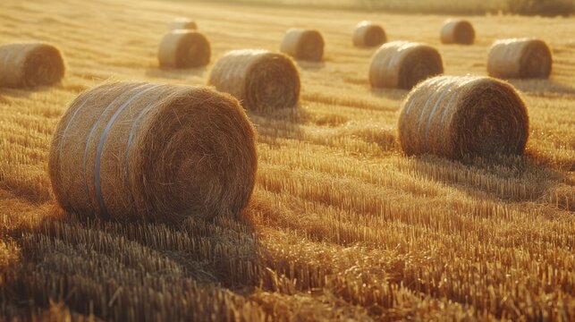 Hay Bales in a Golden Field at Sunset