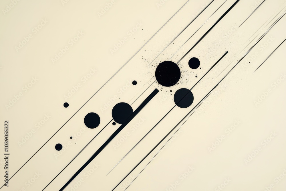 Fototapete Black diagonal lines intersect various circles of differing sizes on a light backdrop, creating a modern artistic composition. Generative AI