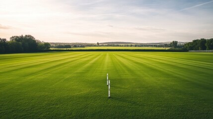 Obraz premium A tranquil outdoor cricket field with freshly mowed grass and neatly placed wickets, surrounded by a backdrop of open fields and a bright sky, early afternoon light adding a serene touch