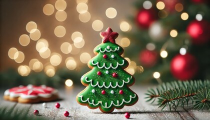 Festive New Year background with Festive Christmas Cookie in the Shape of a Tree with Sparkling Background for Christmas and New Year Celebrations.