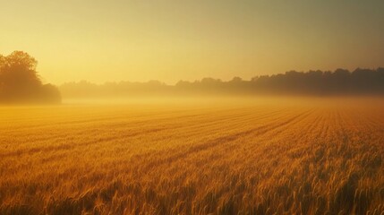 Golden Wheat Field with Foggy Sunrise and Silhouetted Trees