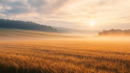 Obraz premium Golden Wheat Field at Sunrise with Fog and Distant Trees