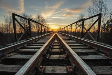 Obraz premium Railroad Tracks Extending into a Sunset Sky Over a Bridge