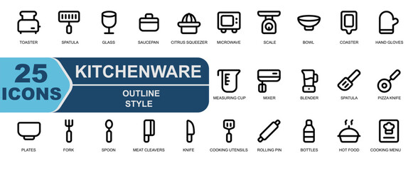 kitchenware icon collection.outline style.contains toaster,toast,spatula,glass,wine glass,saucepan,citrus squeezer,and more.