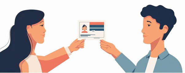 Cartoon illustration of a young couple standing together, symbolizing friendship, partnership, or teamwork. Free copy space for text.