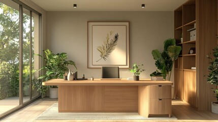 Modern Wooden Desk in a Minimalist Home Office with Natural Light and Greenery