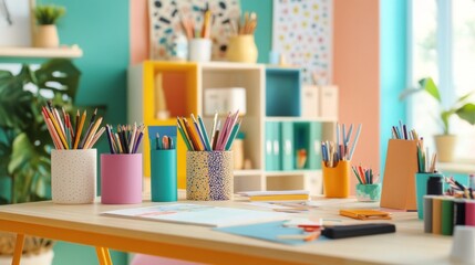 Colorful Pencils and Art Supplies on a Wooden Table in a Brightly Decorated Room
