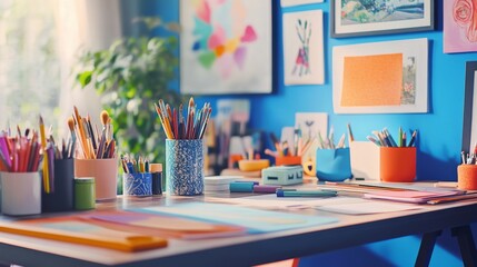 Colorful Art Supplies on a Wooden Desk with Artwork on the Wall