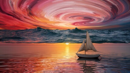 Impressionistic painting of boat at sunset with vibrant sky reflections