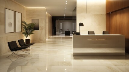 Modern Lobby with White Reception Desk and Two Black Chairs