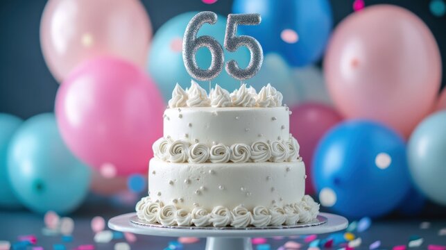 65th Birthday Celebration Cake with Balloons Background. Number 65 Birthday cake