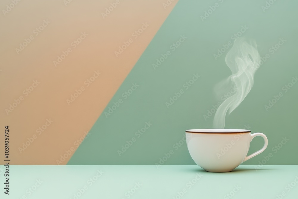 Poster nestled on a simple table, a tea cup releases gently curling steam in a serene blend of soft green a
