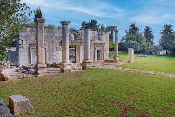 Bar'am Synagogue ruins from the Talmudic period. The façade of the 3rd-century synagogue faces...