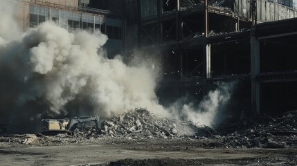 A dramatic image of demolition experts using controlled explosives to demolish an old industrial building, Controlled demolition scene, Precision destruction style