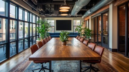 Modern Industrial Conference Room with Large Wooden Table and Leather Chairs