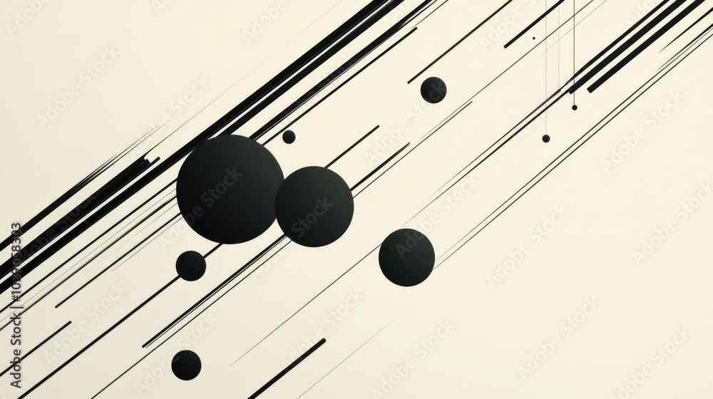 Poster This artwork features diagonal black lines crossing a light background, accompanied by circles of varying sizes, creating visual interest. Generative AI