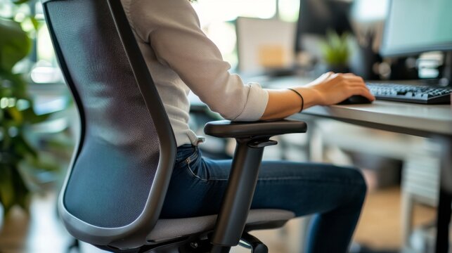 Close-up of a person sitting in an office chair using a computer mouse