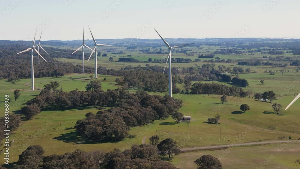 Wall mural aerial drone view of an array of large wind turbines at biala and gullen range wind farm, bannister 